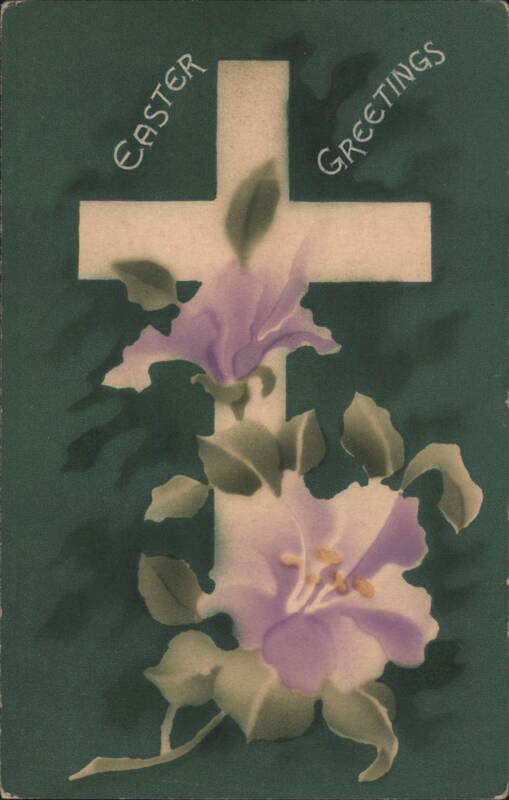 Easter Greetings with White Cross and Purple Flowers