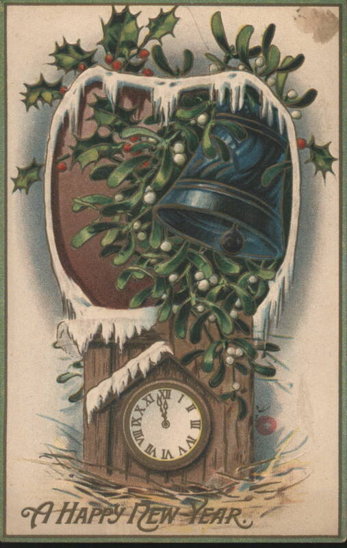 New Year's Bell with Mistletoe, Holly, and Clock at Midnight