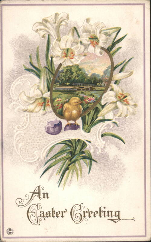 Easter Greeting with Lilies, Chick, Egg, and Landscape Scene