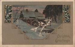 Christmas Greetings, Snowy Mill Scene with Evergreens, Meixner Art Postcard