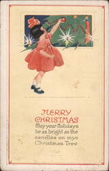 Merry Christmas: Little Girl Decorating Christmas Tree with Red Ornament Postcard