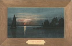 Marine Scene at Sunset with Sailboat and Shoreline Trees Postcard
