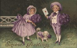 Children and Dog in Purple with Flowers, Sincere Greetings Postcard