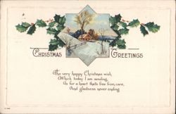 Christmas Greetings Winter Scene with House, Snow, and Holly Postcard