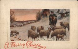 Shepherd and Sheep in Snowy Landscape, A Merry Christmas Postcard