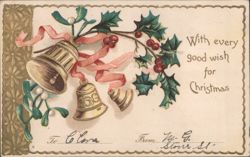Christmas Bells, Holly, and Mistletoe with Festive Greeting Postcard