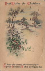 Best Wishes for Christmas, Snowy Winter Scene with Holly and Mill Postcard