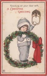 Knocking at Your Door with a Christmas Greeting, Child in Fur Suit, Holly Wreath Postcard