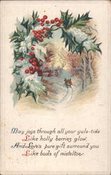 Christmas Holly Wreath & Winter Ski Scene with Holiday Poem Postcard