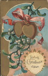 Mistletoe with Red Ribbon, Gold Hearts, and 'Loving Christmas Wishes' Postcard