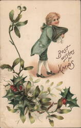 Young Boy in Historical Attire with Holly and Mistletoe, Christmas Greeting Postcard
