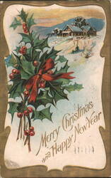 Merry Christmas & Happy New Year with Holly and Snowy Village Postcard