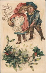 Best Wishes for Christmas with Children, Holly & Mistletoe Illustration Postcard