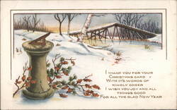 Winter Landscape with Sundial and Bridge, Christmas New Year Greeting Postcard