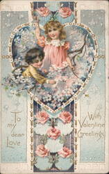 Children in Heart with Flowers, To My Dear Love, Valentine Greetings Postcard