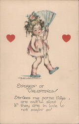 Ruth Welch Sumners Valentine Girl with Fan and Hearts, Humorous Verse Postcard