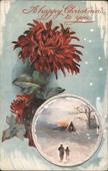 A Happy Christmas to You with Red Chrysanthemums and Winter Snow Globe Postcard