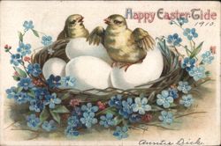 Happy Easter-Tide Chicks in Nest with Eggs and Forget-Me-Nots 1910 Postcard
