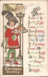 Boy in Medieval Attire Serving Plum Pudding, Christmas Greeting Postcard