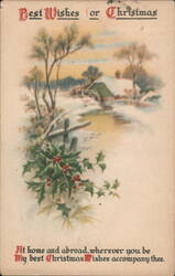 Best Wishes for Christmas Winter Scene with Snow-Covered House & Holly Postcard