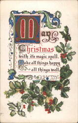 Ornate Illuminated Christmas Greeting with Holly and Berries Postcard