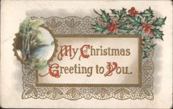 Christmas Greeting with Holly and Winter Landscape Vignette Postcard