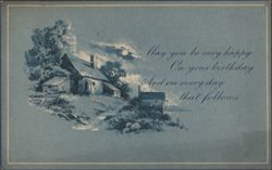 Birthday Greeting: Moonlit Cabin in Blue Monochrome Landscape Postcard