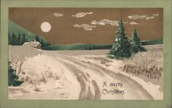 Winter Night Scene with Full Moon & Snow, A Merry Christmas Postcard