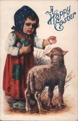Happy Easter Girl in Bonnet with Lamb and Colored Eggs 1925 Postcard