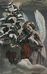 Angel Girl with Teddy Bear, Christmas Tree, Lycklig Jul Postcard