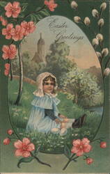 Young Girl in Field with Easter Greetings, Flowers, and Pussy Willows Postcard