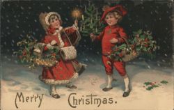 Merry Christmas Children in Snow with Holly Baskets & Candle Postcard