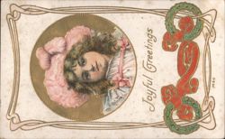 Joyful Greetings with Young Girl in Pink Bonnet and Christmas Wreaths Postcard