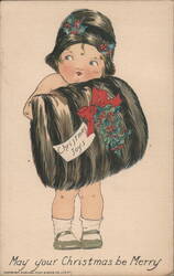 Muff Kiddies Christmas Child with Fur Muff, Holly, and "Christmas Toys" Postcard