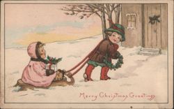 Children Pulling Sled with Christmas Gift and Wreath in Snow Postcard