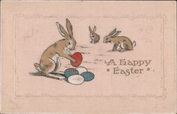 Easter Bunnies Painting Eggs with 'A Happy Easter' Greeting Postcard