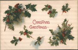 Christmas Greetings with Holly and Berries Illustration Postcard
