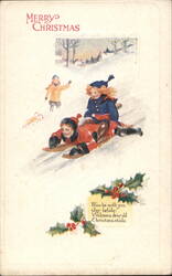 Merry Christmas, Children Sledding in Snowy Landscape with Holly Postcard