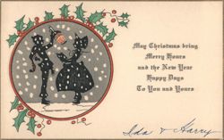 Christmas & New Year Greeting with Polka-Dotted Silhouettes, Holly & Snow Postcard