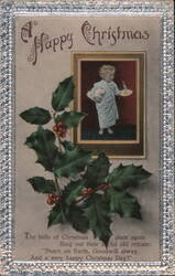 A Happy Christmas, Child with Candle and Holly Postcard