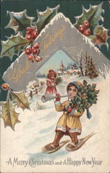 Glad Tidings, Merry Christmas & Happy New Year with Skiing Children & Holly Postcard