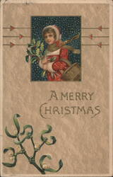 Young Girl with Holly and Mistletoe, A Merry Christmas Greeting Postcard