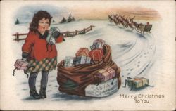 1917 Christmas Girl Santa Sleigh Gifts Divided Back Postcard Postcard