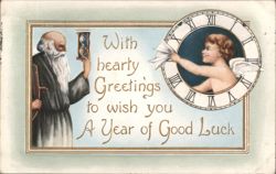 Father Time and Cherub with Clock for New Year's Good Luck Greeting Postcard