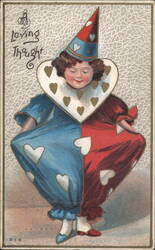 Child in Clown Costume with Heart Collar and Hat, 'A Loving Thought' Postcard