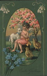 Angel Child with Lamb and Chicks, Easter Greetings Postcard