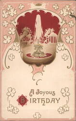 A Joyous Birthday Greeting with Ornate Fountain and Clover Design Postcard