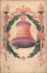 A Merry Christmas Bell with Torches, Wreath & Ribbons Postcard