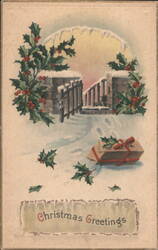 Christmas Greetings Snow Scene with Holly and Gift Postcard