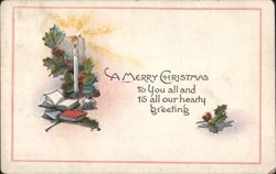 A Merry Christmas Greeting with Candle, Holly, and Books Postcard